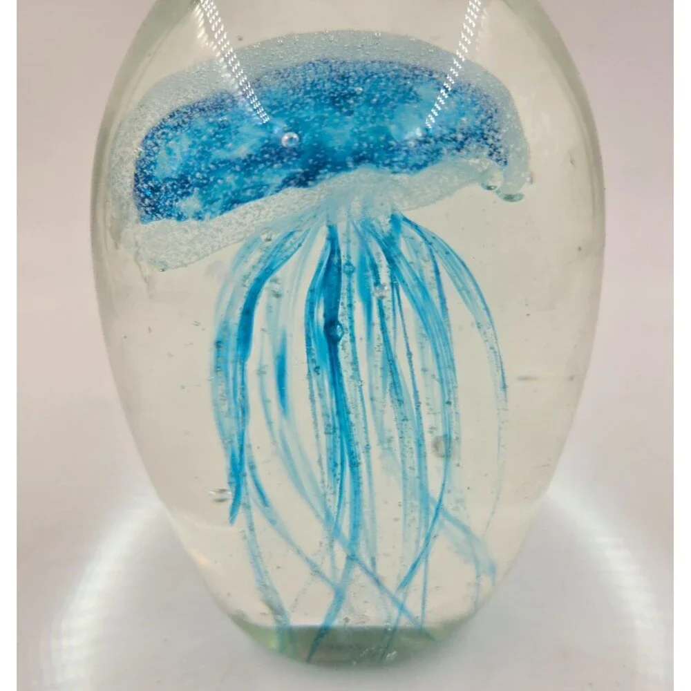 JELLY FISH Blue & Clear PAPERWEIGHT Art Glass GLOWS GREEN W BLACKLIGHT